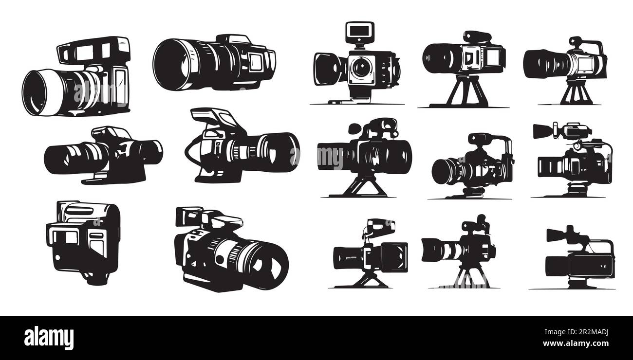 A collection of digital cameras silhouette vectors. Stock Vector