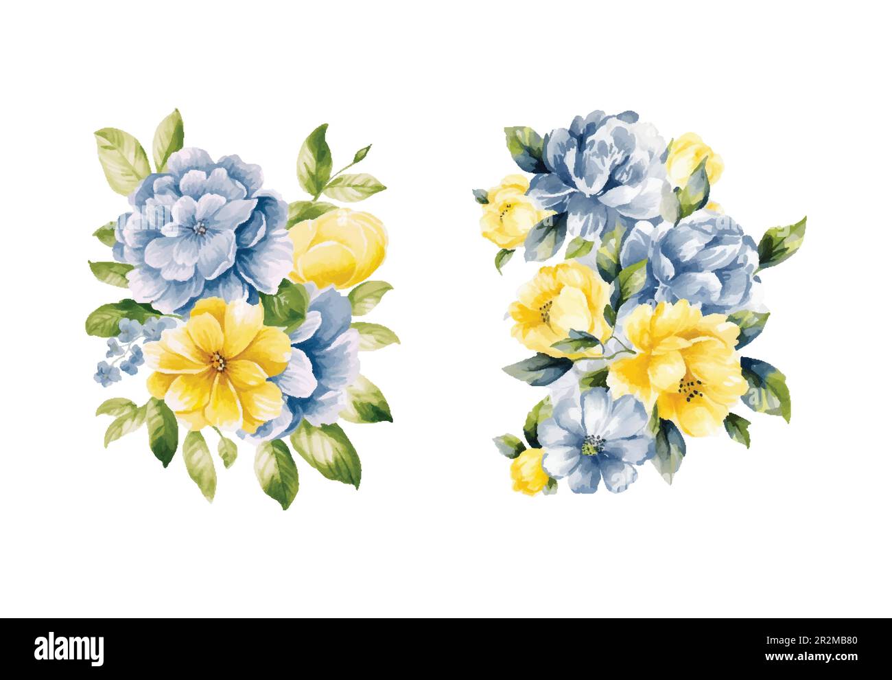 Watercolor yellow and blue flowers, vintage vector Stock Vector Image