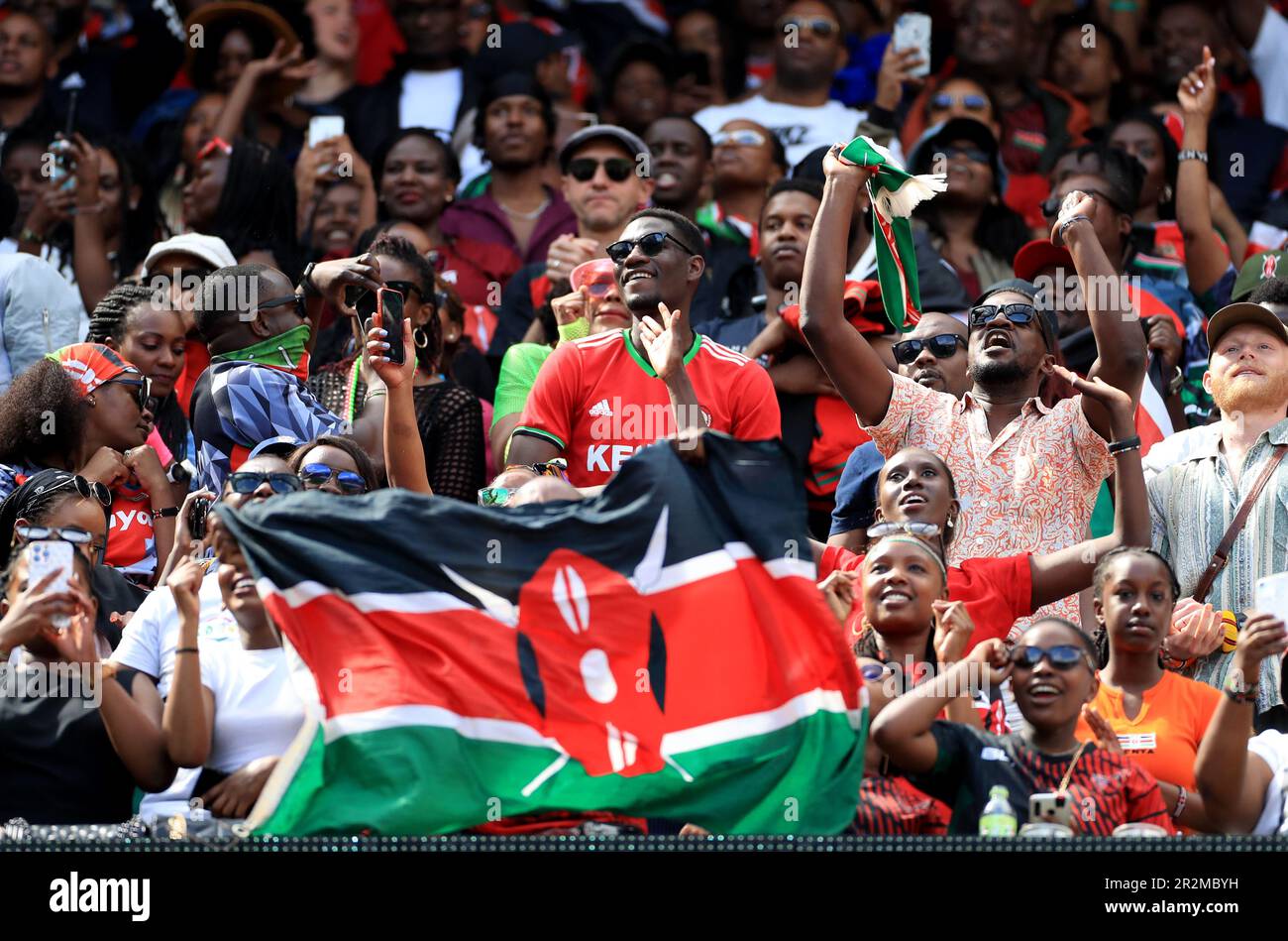 Kenyan fans in the stands during the HSBC World Rugby Sevens Series at Twickenham Stadium, London. Picture date: Saturday May 20, 2023. Stock Photo