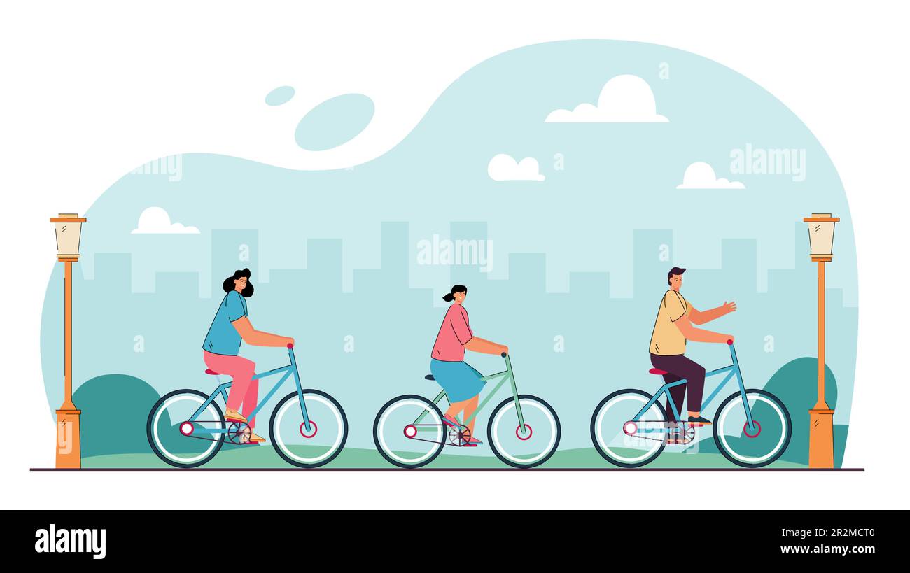 Family riding bicycles in city park flat vector illustration Stock ...