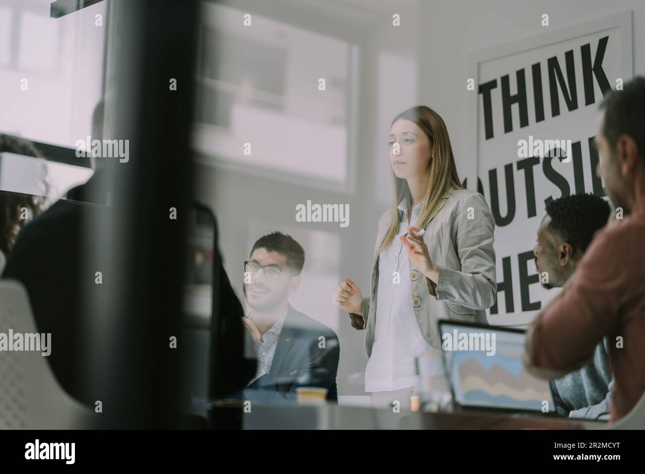 Female person was explaining something when someone stopped her and ...