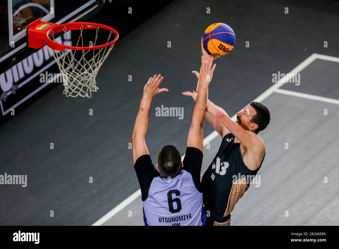 Makati City. 20th May, 2023. Strahinja Stojacic (R) of Ub Huishan NE competes against Teodor Atanasov of Utsunomiya Brex Exe during the pool A match between Ub Huishan NE from Serbia and Utsunomiya Brex Exe from Japan in the FIBA 3x3 World Tour Manila Masters 2023 in Makati City, the Philippines on May 20, 2023. Credit: Rouelle Umali/Xinhua/Alamy Live News Stock Photo