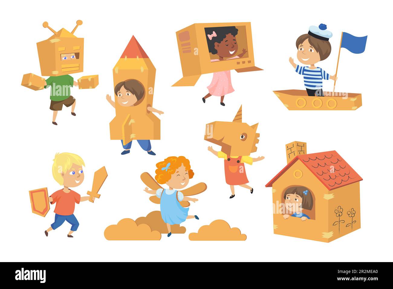 Kids making costumes from boxes vector illustrations set Stock Vector