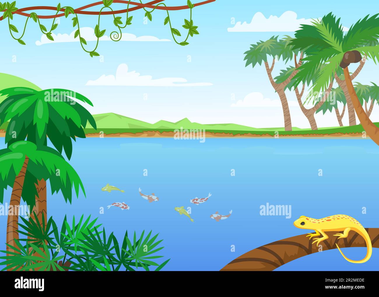 Tropical lake landscape cartoon illustration Stock Vector