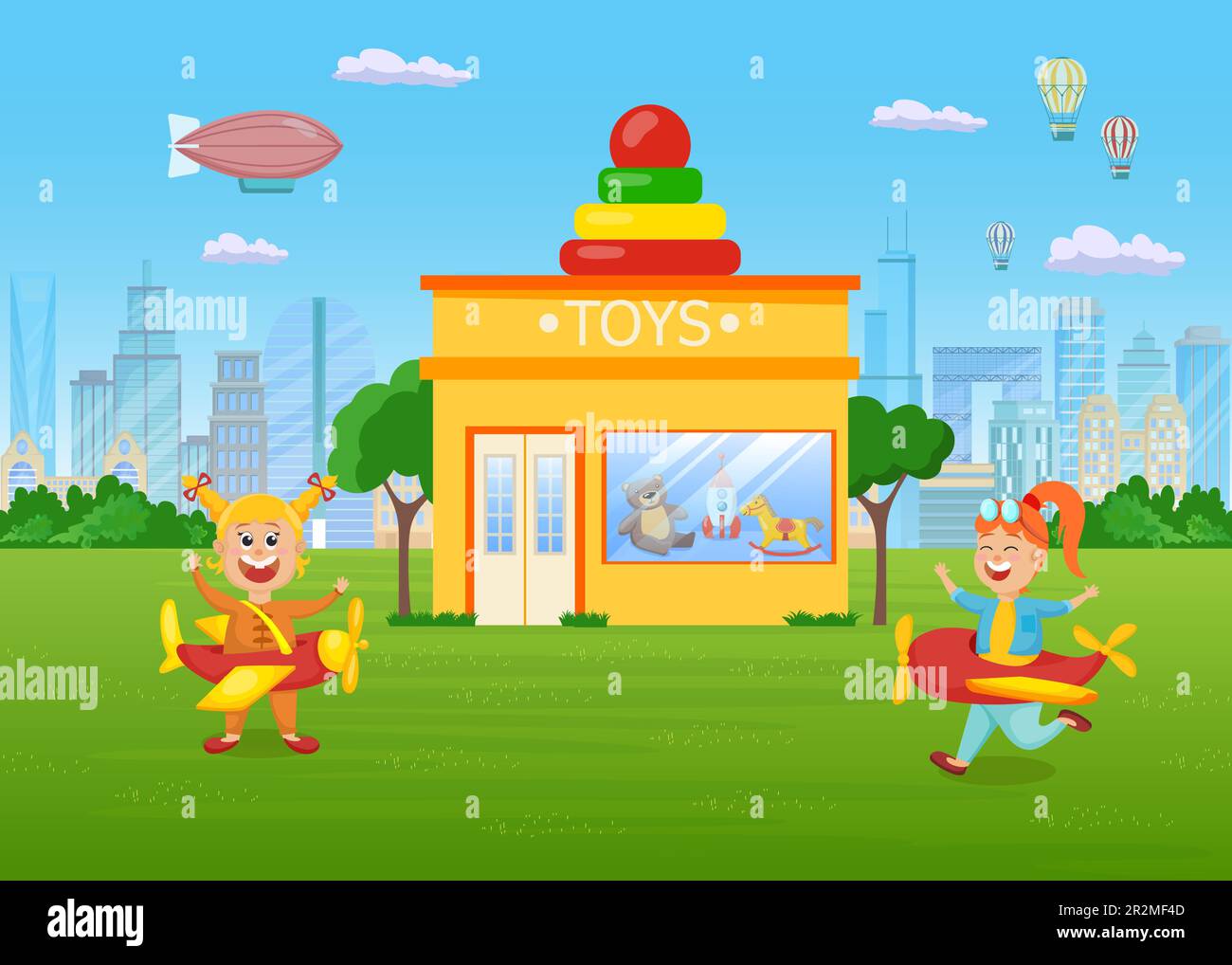 Happy girls having fun on lawn in front of toy store Stock Vector Image