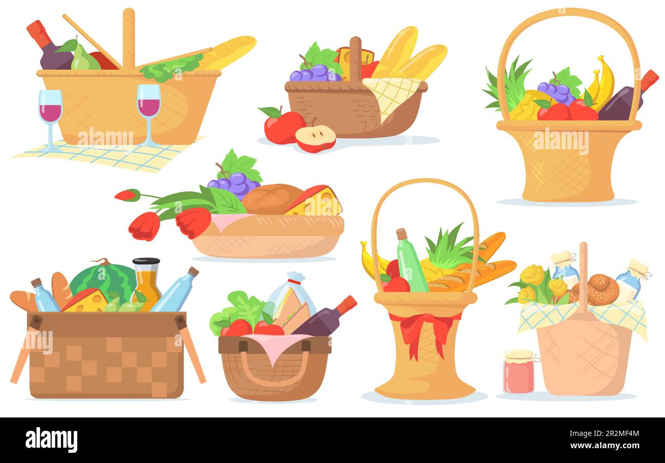 Different baskets for picnic vector illustrations set Stock Vector
