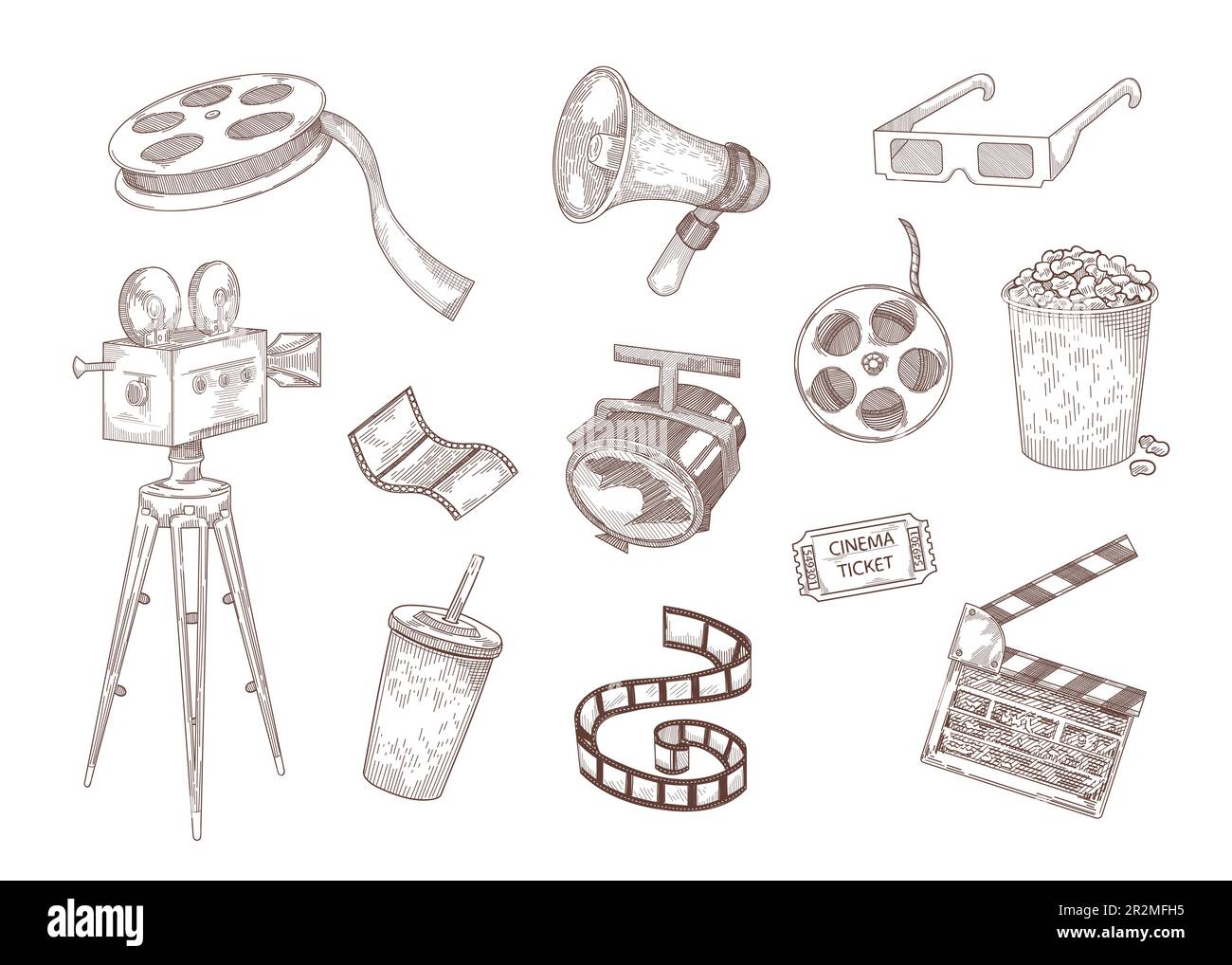 Cinema elements engraved illustrations set Stock Vector