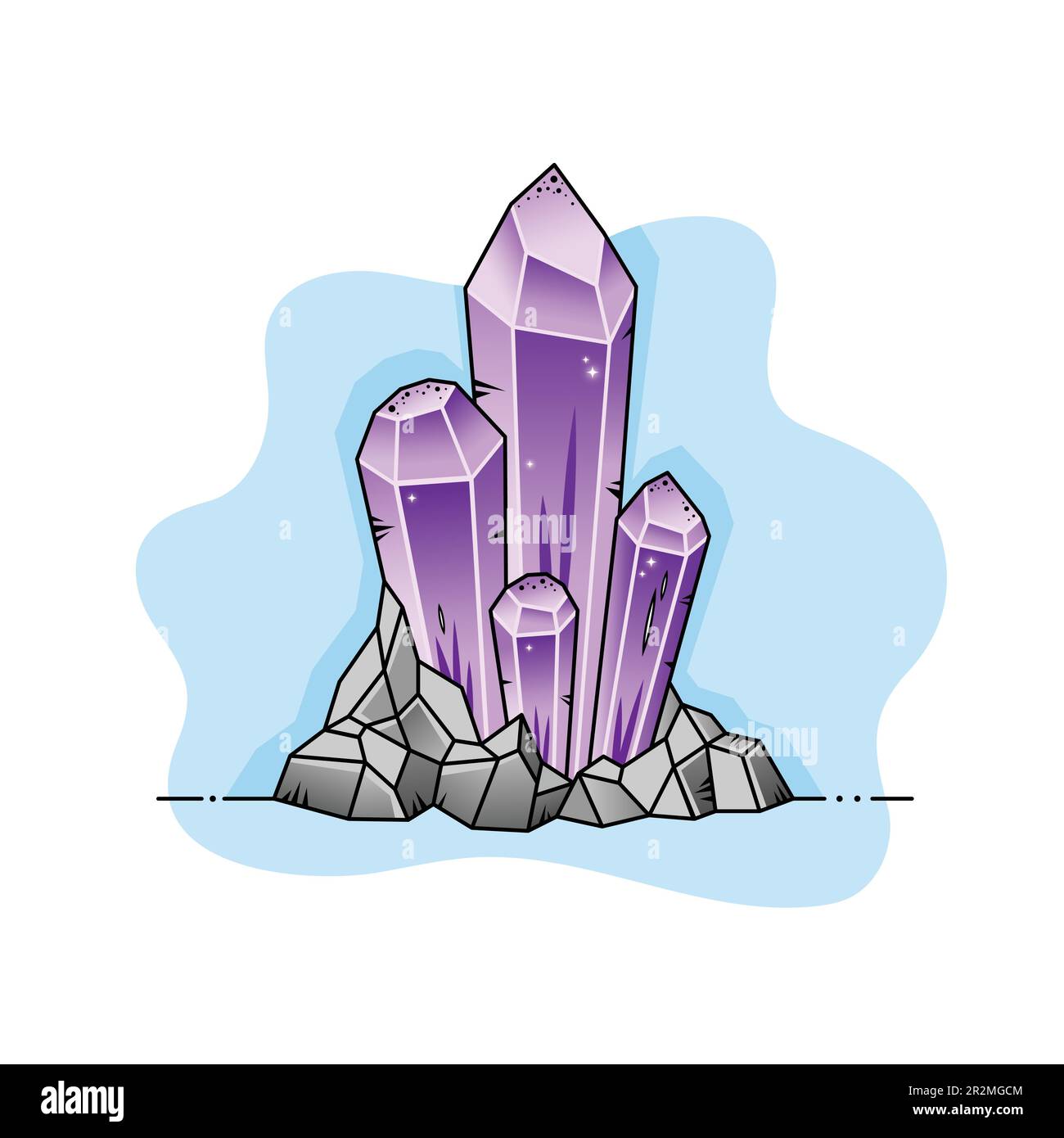 Crystals of amethyst in stones. Gemstone vector cartoon. Stock Vector