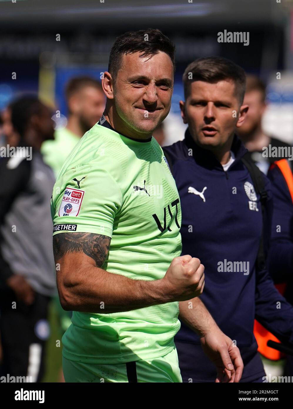 Stockport County goalkeeper Ben Hinchliffe celebrates after the Sky Bet