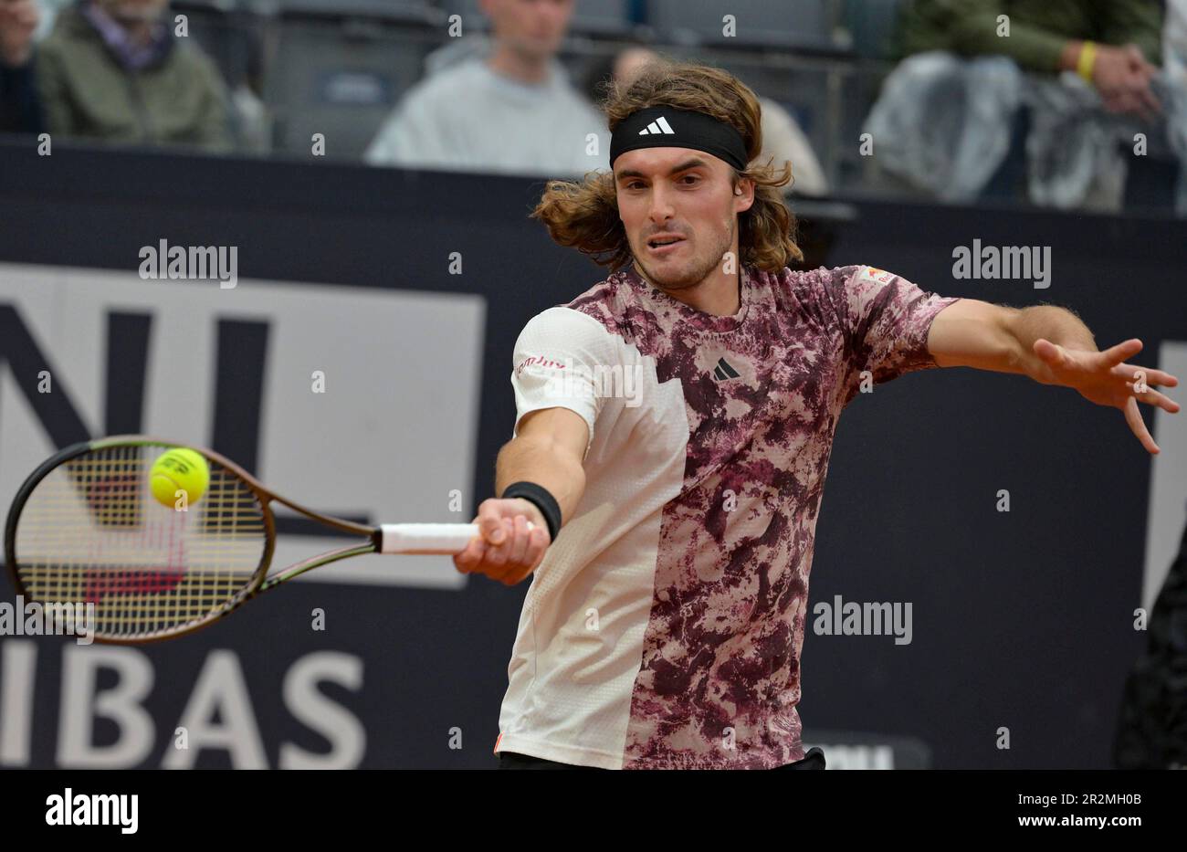 May 20, 2023, ROME Stefanos Tsitsipas of Greece in action during his mens singles semi final match against Daniil Medvedev of Russia (not pictured) at the Italian Open tennis tournament in Rome,