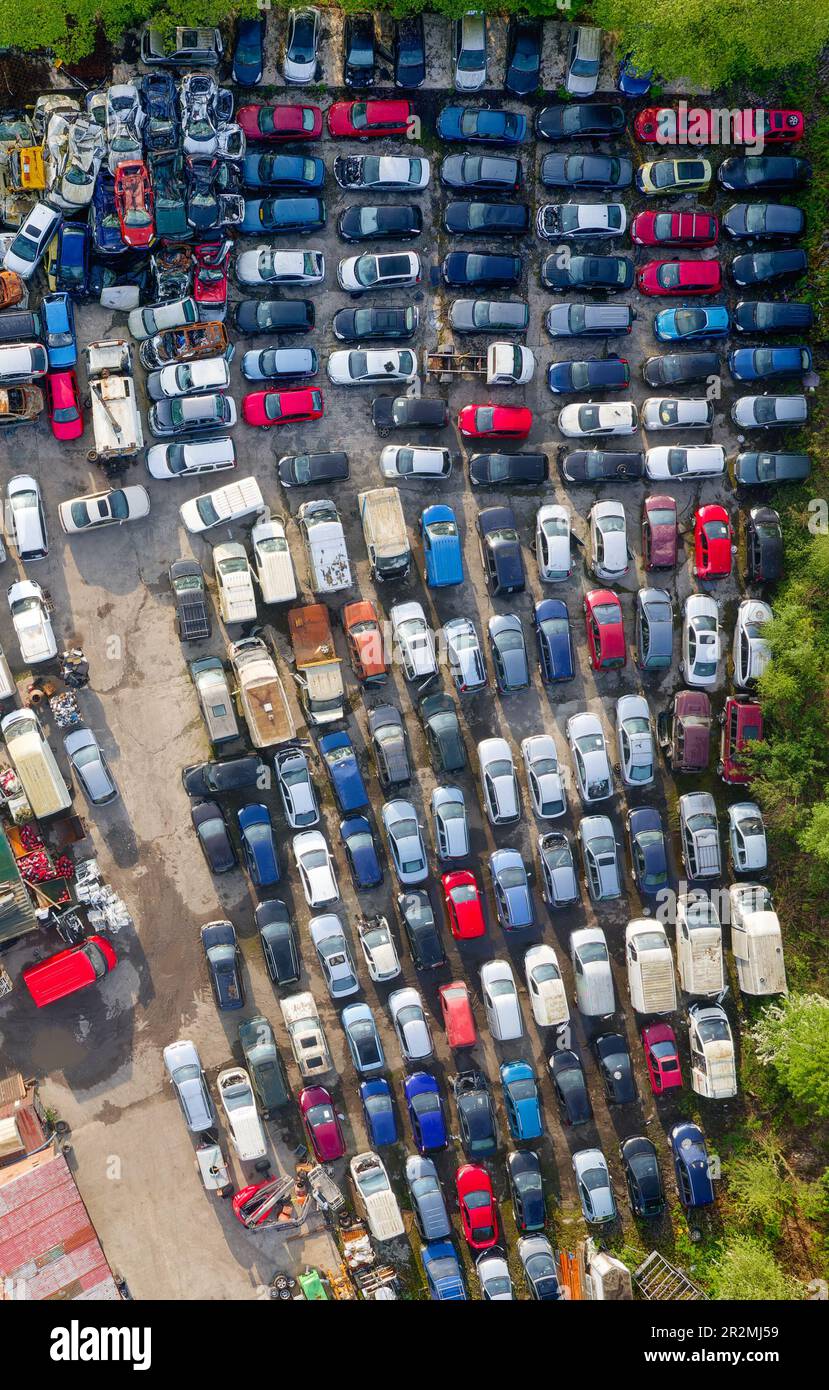 Car compound for scrap metal recycling viewed from above Stock Photo