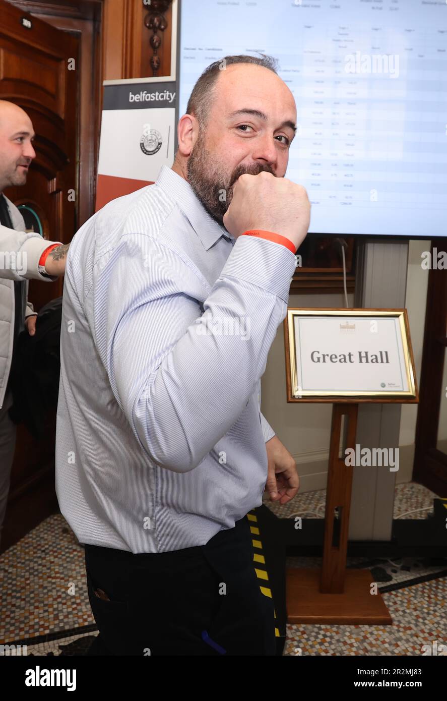 Independent Paul McCusker, who has won a seat, at Belfast City Hall during the Northern Ireland council elections. Picture date: Saturday May 20, 2023. Stock Photo