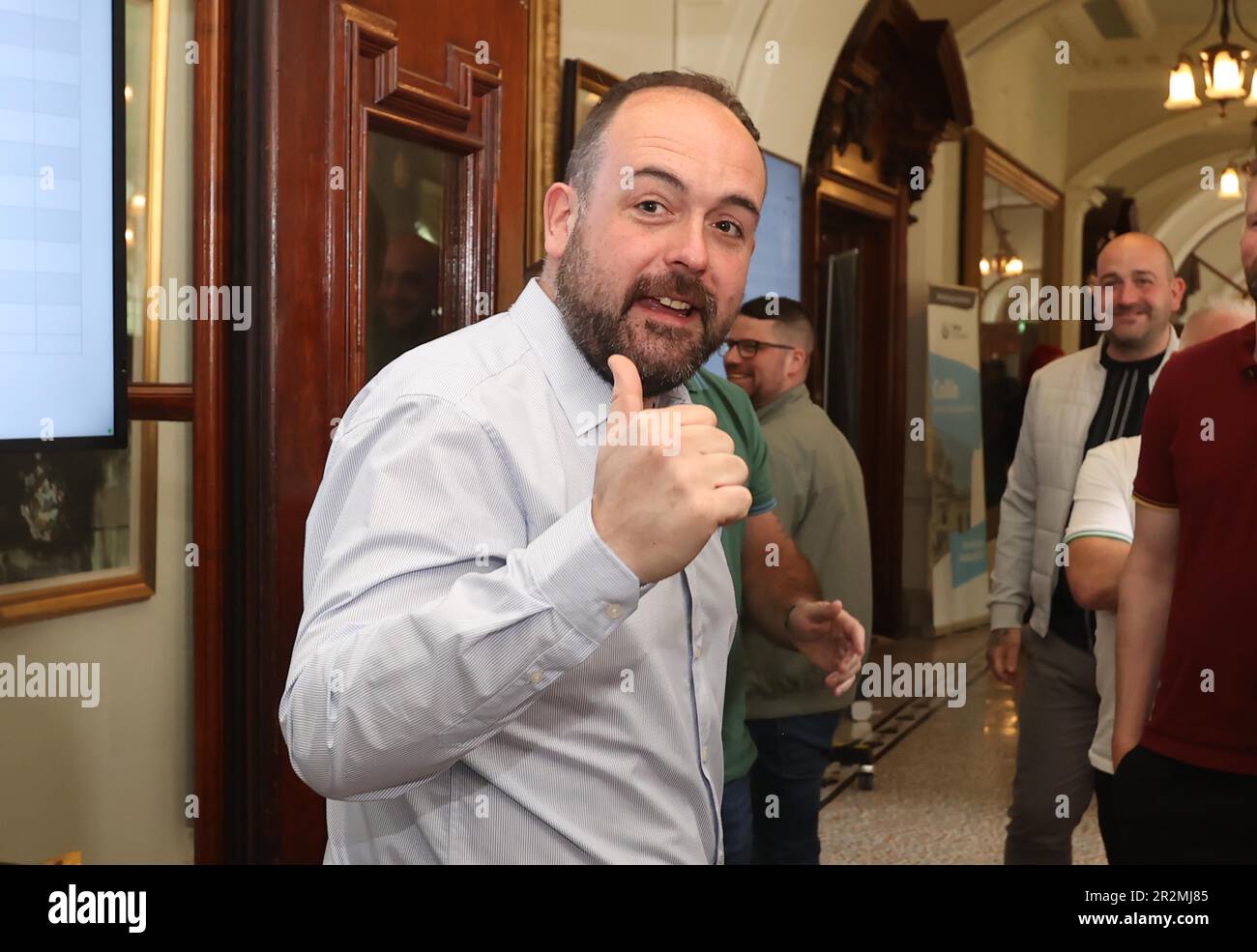 Independent Paul McCusker, who has won a seat, at Belfast City Hall during the Northern Ireland council elections. Picture date: Saturday May 20, 2023. Stock Photo