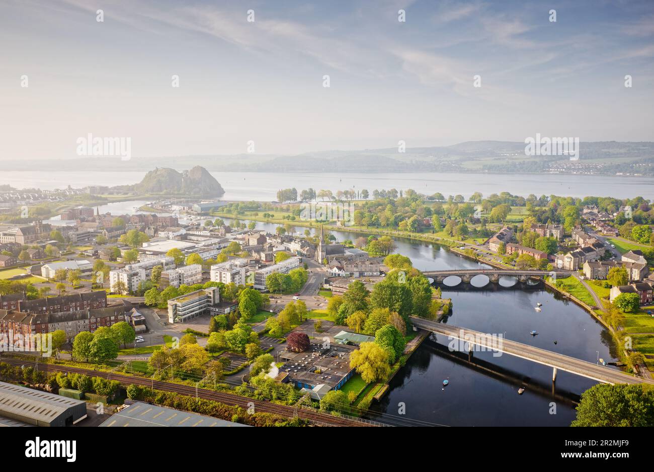 Dumbarton town aerial view with the River Leven and Dumbarton rock castle Stock Photo