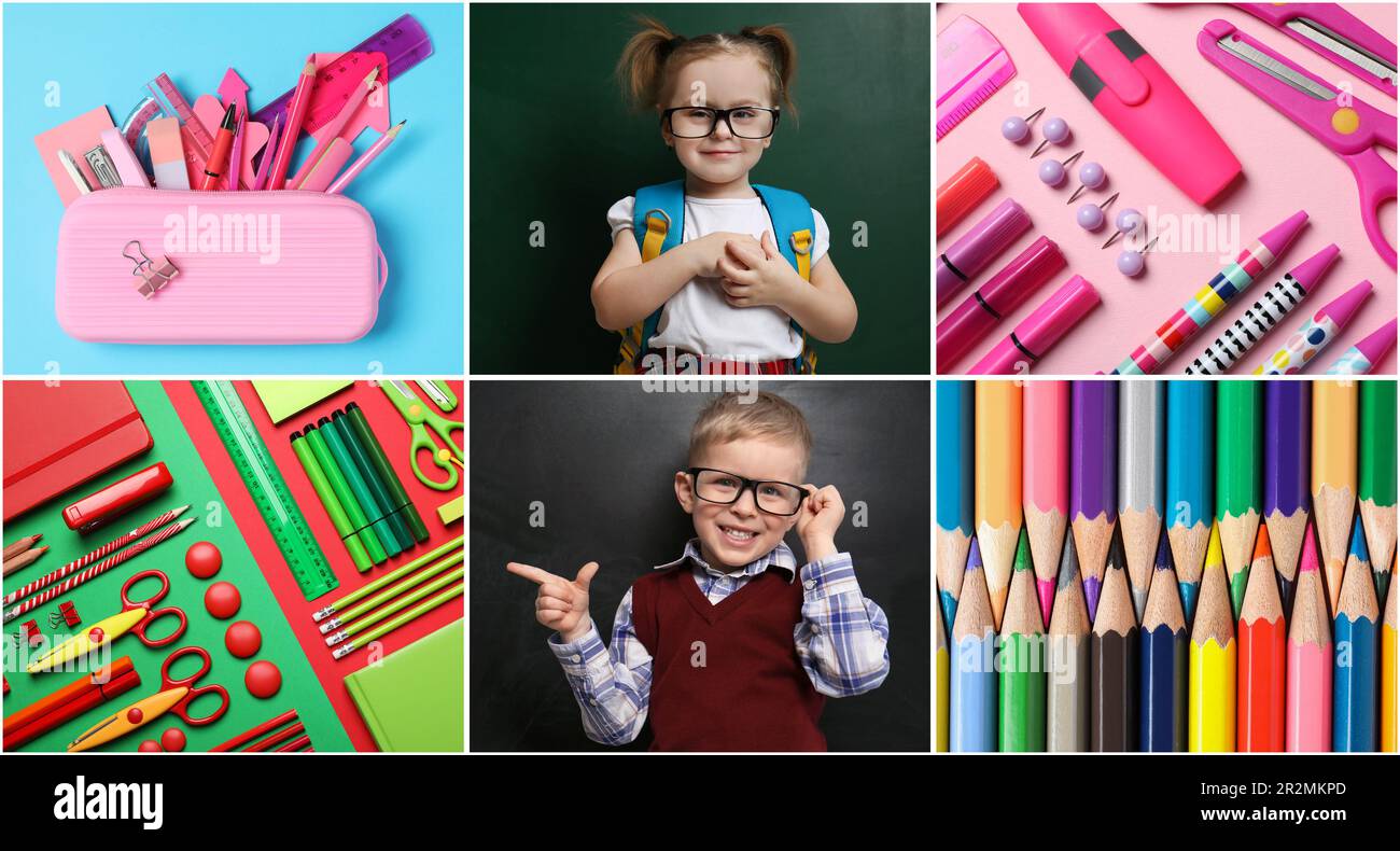 Collage with photos of cute children and different stationery. Back to