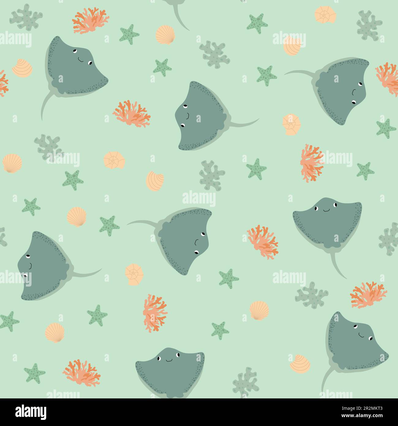 Vector seamless pattern with devilfish, starfish, algae.Underwater cartoon creatures.Marine background.Cute ocean pattern for fabric, childrens Stock Vector