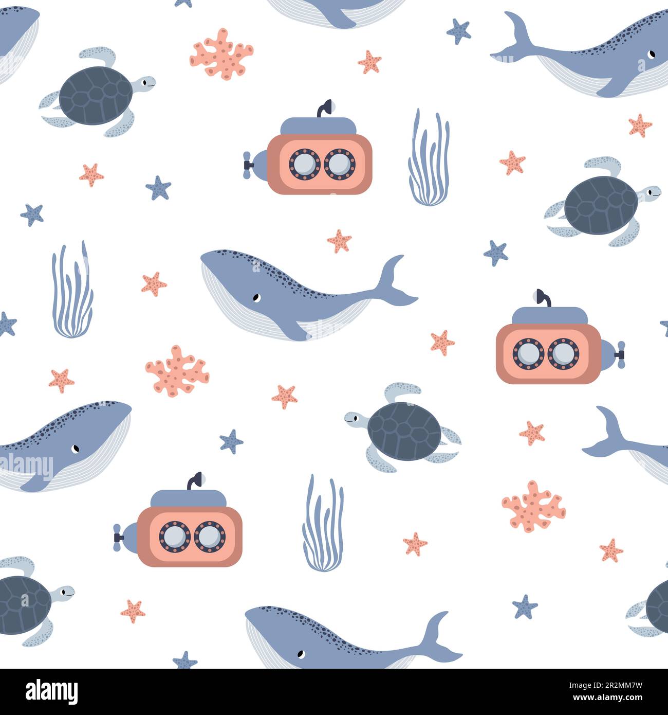 Vector seamless pattern with whale, submarine, turtle, starfish, algae.Underwater cartoon creatures.Marine background.Cute ocean pattern for fabric Stock Vector