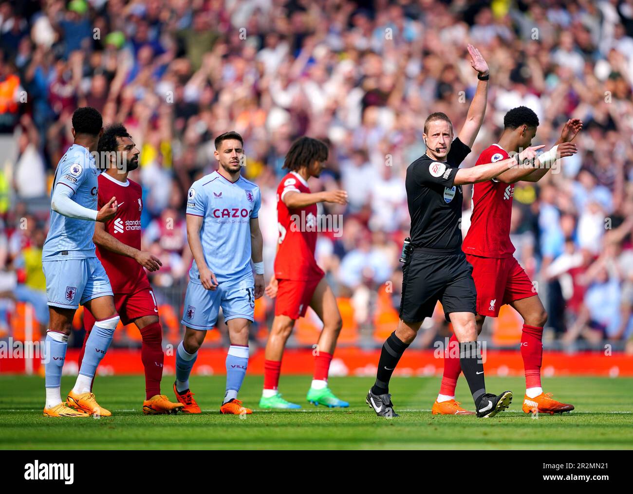 Referee John Brooks rules out a goal scored by Liverpool's Cody Gakpo