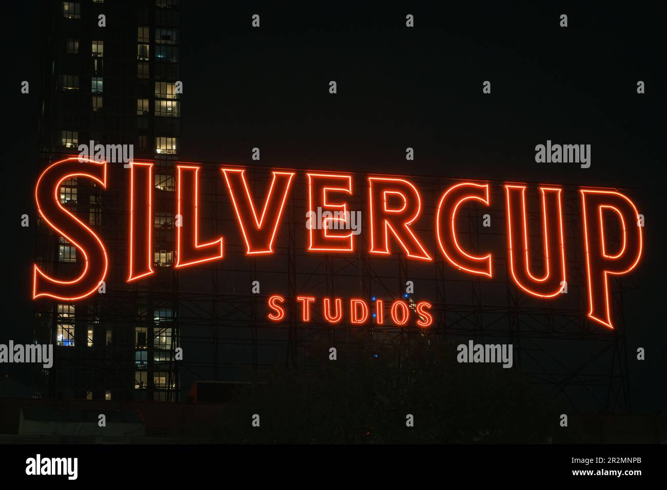 Silvercup Studios neon sign at night in Long Island City, Queens, New