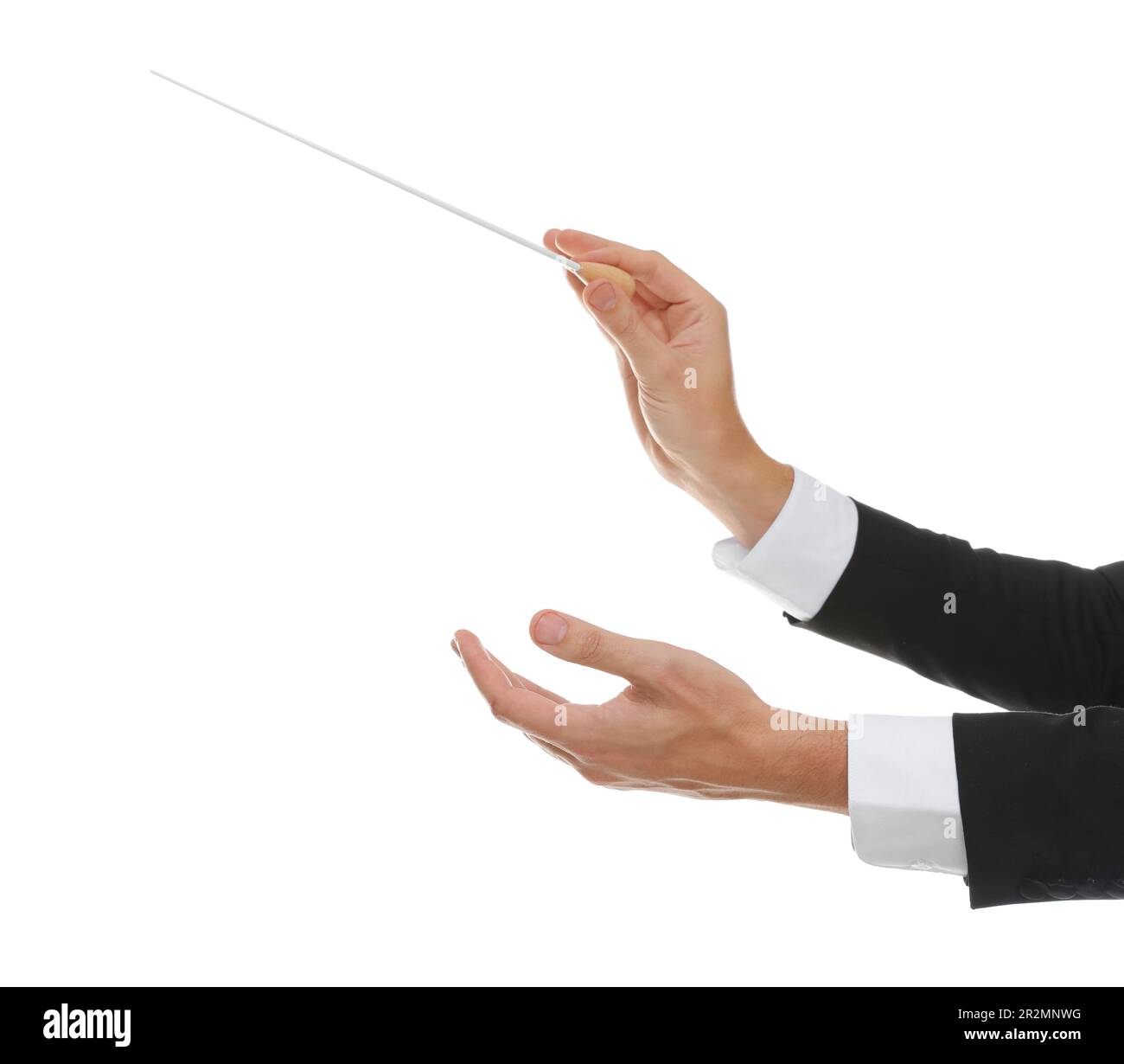 Professional conductor with baton on white background, closeup Stock