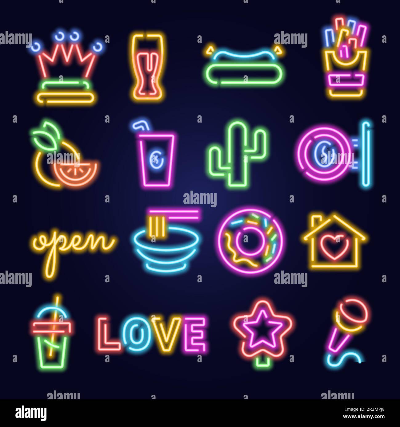 Neon icons set. Glowing signs. Bar light icons, casino cocktail and ...