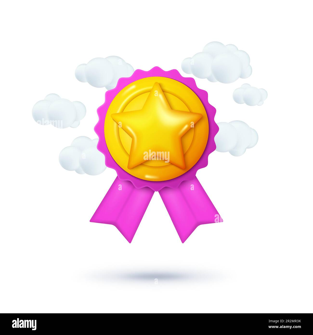 3D winner icon. Golden star. Trophy for certificate. Best service. Quality medal. Circle ribbon badge and clouds. Rating sign. Success reward and top Stock Vector
