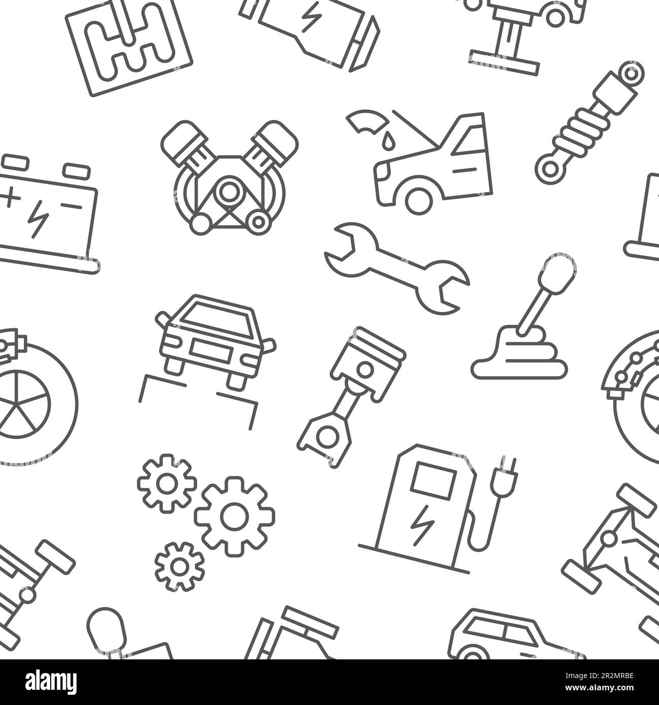 Car repair. Auto service pattern. Mechanic tool icons for shop or garage. Vehicle fix maintenance. Automotive workshop. Spare equipment. Wrench and ge Stock Vector
