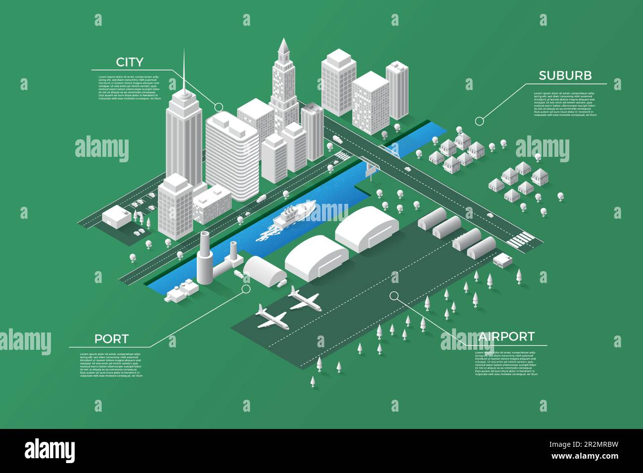 Isometric map city. 3D white town district elements. Houses and roads. Tree plants. Urban or suburb streets. Modern airport. Apartment blocks. Downtow Stock Vector