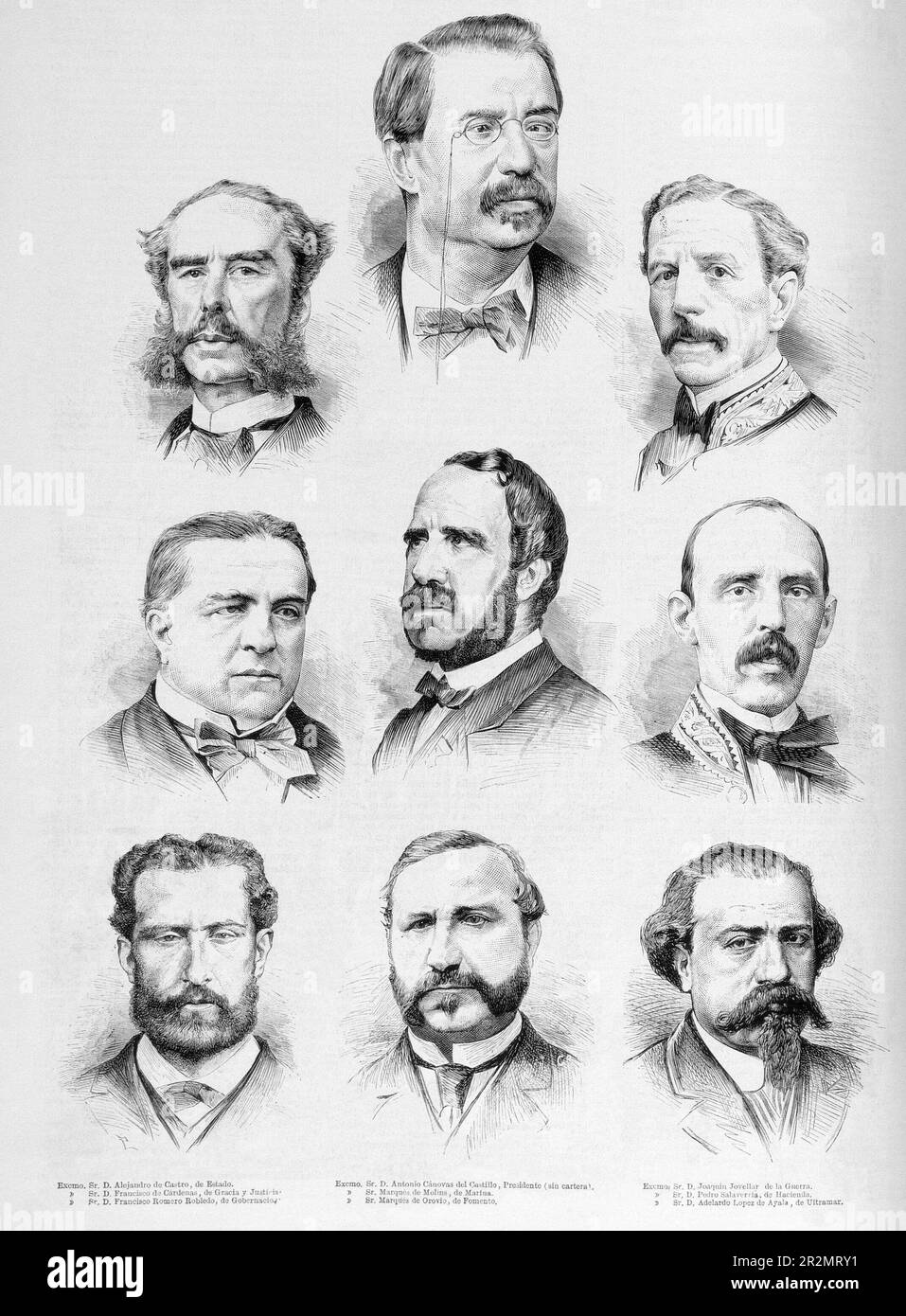 LA ILUSTRACION ESPAÑOLA Y AMERICANA Nº11 - 15/1/1875 - MINISTROS DE ALFONSO XII EN ENERO DE 1875. Location: SENADO-BIBLIOTECA-COLECCION. MADRID. SPAIN. ADELARDO LOPEZ DE AYALA (1828-1879). ANTONIO CANOVAS DEL CASTILLO (1828-1897). MARIANO ROCA TOGORES-MARQUES DE MOLINS. FRANCISCO ROMERO ROBLEDO (1838-1906). MANUEL OROVIO ECHAGUE MARQUES DE OROVIO. JOAQUIN JOVELLAR SOLER (1819-1892). ALEJANDRO DE CASTRO Y CASAL (1812-1881). FRANCISCO DE CARDENAS ESPEJO (1817-1898). PEDRO SALAVERRIA Y CHARITU (1821-1896). Stock Photo