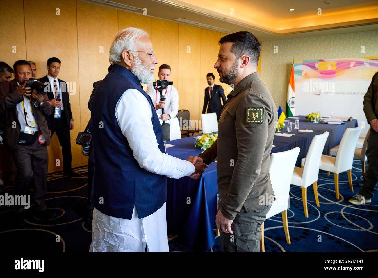 As part of a working visit to Japan to participate in the G7 Summit, President of Ukraine Volodymyr Zelensky held a meeting with Prime Minister of India Narendra Modi.  The President thanked India for supporting our country's territorial integrity and sovereignty, in particular, at the platforms of international organizations.   The Head of State also thanked India for providing humanitarian aid to Ukraine.  'The war brought many crises and suffering. Deported children, mined territories, destroyed cities, destroyed destinies,' Zelensky said. Stock Photo