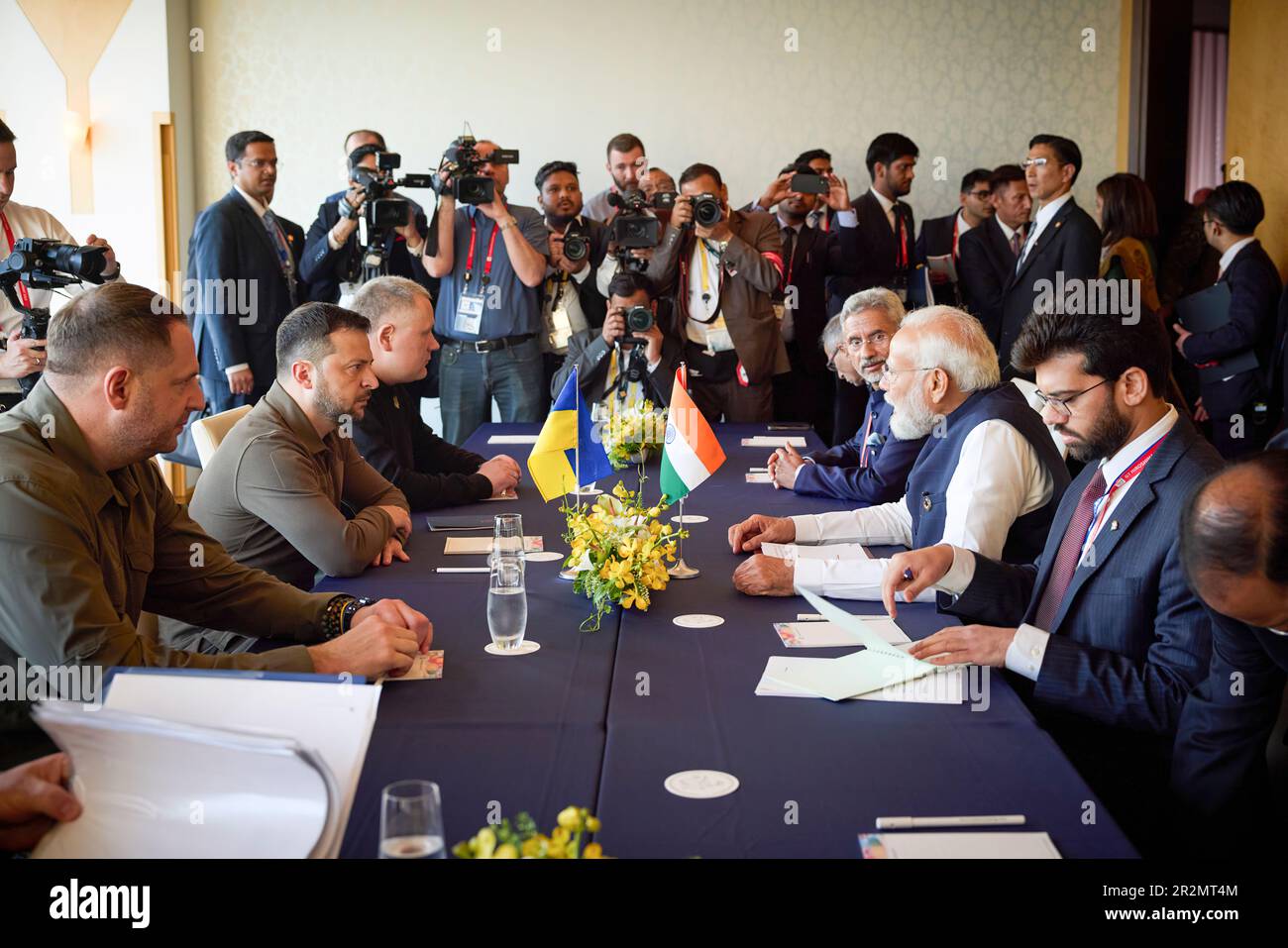As part of a working visit to Japan to participate in the G7 Summit, President of Ukraine Volodymyr Zelensky held a meeting with Prime Minister of India Narendra Modi.  The President thanked India for supporting our country's territorial integrity and sovereignty, in particular, at the platforms of international organizations.   The Head of State also thanked India for providing humanitarian aid to Ukraine.  'The war brought many crises and suffering. Deported children, mined territories, destroyed cities, destroyed destinies,' Zelensky said. Stock Photo