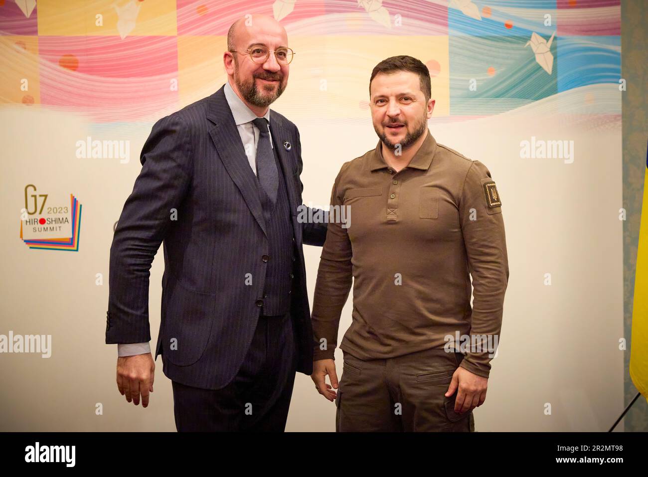 President of Ukraine Volodymyr Zelensky as part of his working visit to Japan to participate in the G7 Summit, held a meeting with President of the European Council Charles Michel.   The parties discussed the course of implementation of the European Commission's recommendations for opening negotiations regarding our country's accession to the European Union.  At the meeting, particular attention was paid to the export restrictions on Ukrainian agricultural products by some European Union states and the inadmissibility of their extension after June 5. Stock Photo
