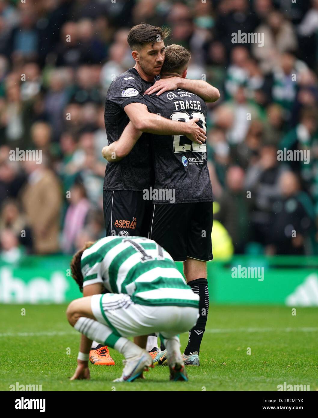 St Mirren's Declan Gallagher greets Marcus Fraser following the cinch Premiership match at Celtic Park, Glasgow. Picture date: Saturday May 20, 2023. Stock Photo