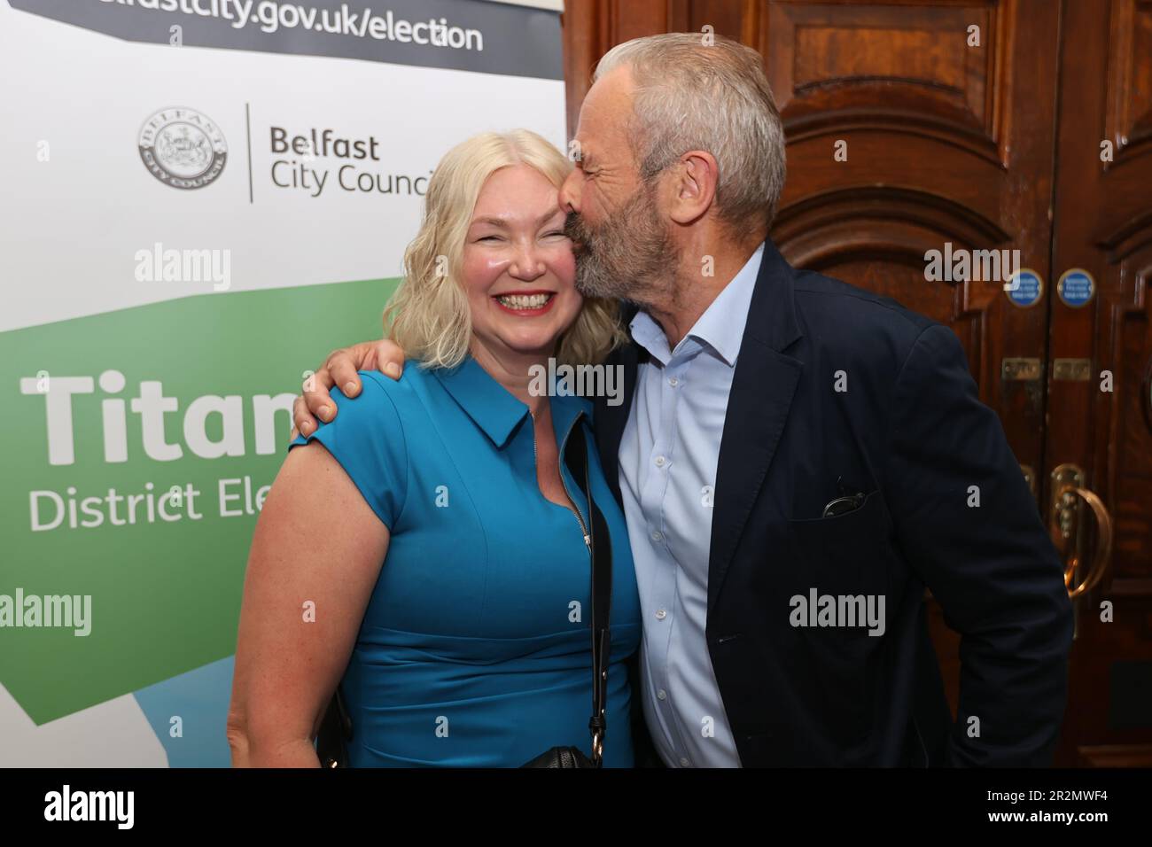 Alliance Party candidate David Bell (right) celebrates winning a seat with his partner Brenda McCleary at Belfast City Hall during the Northern Ireland council elections Picture date: Saturday May 20, 2023. Stock Photo