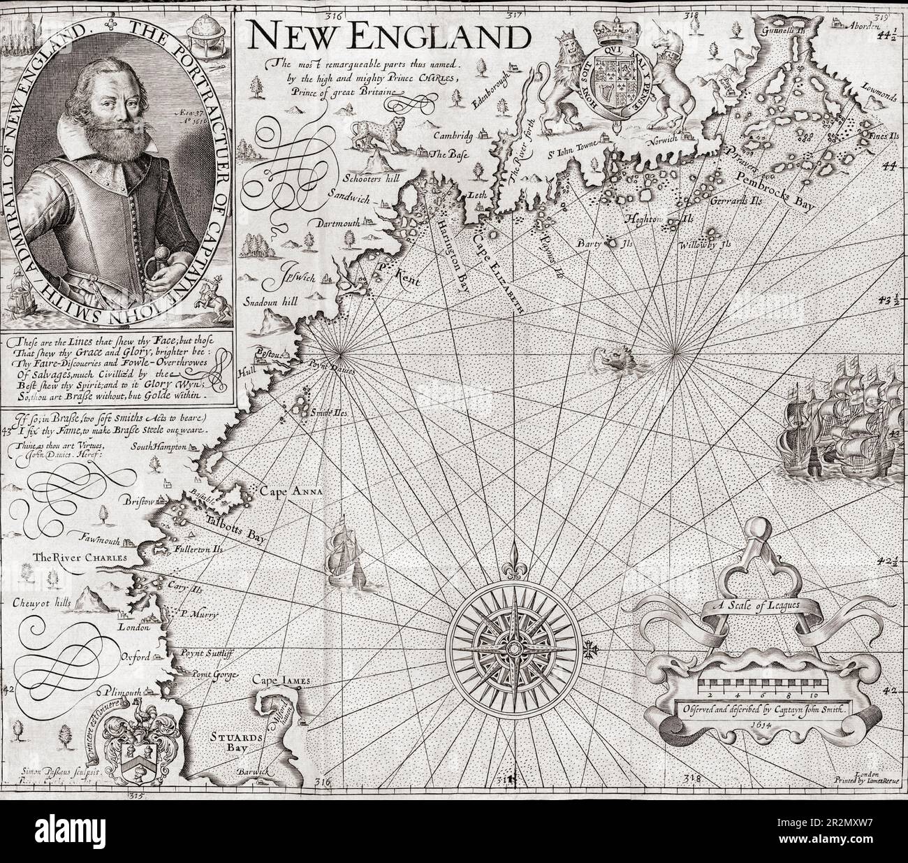 Map of New England including a portrait of John Smith who helped establish Jamestown and later was the third president of the settlement's governing council.  The map was engraved by Simon van de Pass and included in Smith's book The generall historie of Virginia, New-England, and the Summer Isles, 1629 edition. Stock Photo