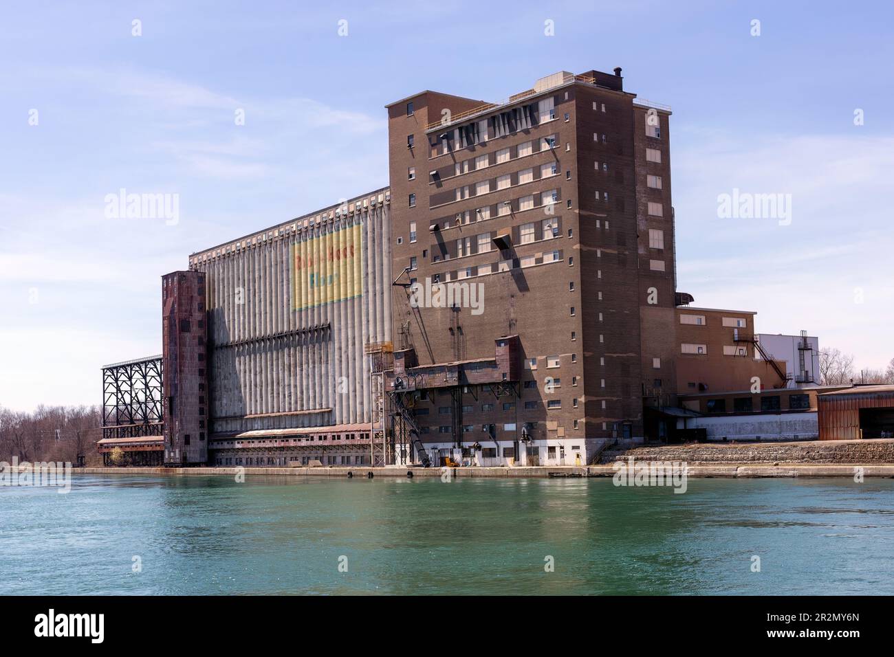 The historic grain mill located along the Welland Canal in the town of