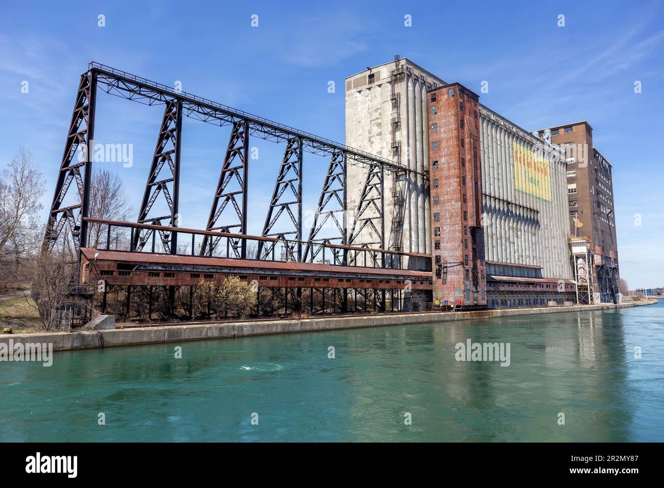 The historic grain mill located along the Welland Canal in the town of