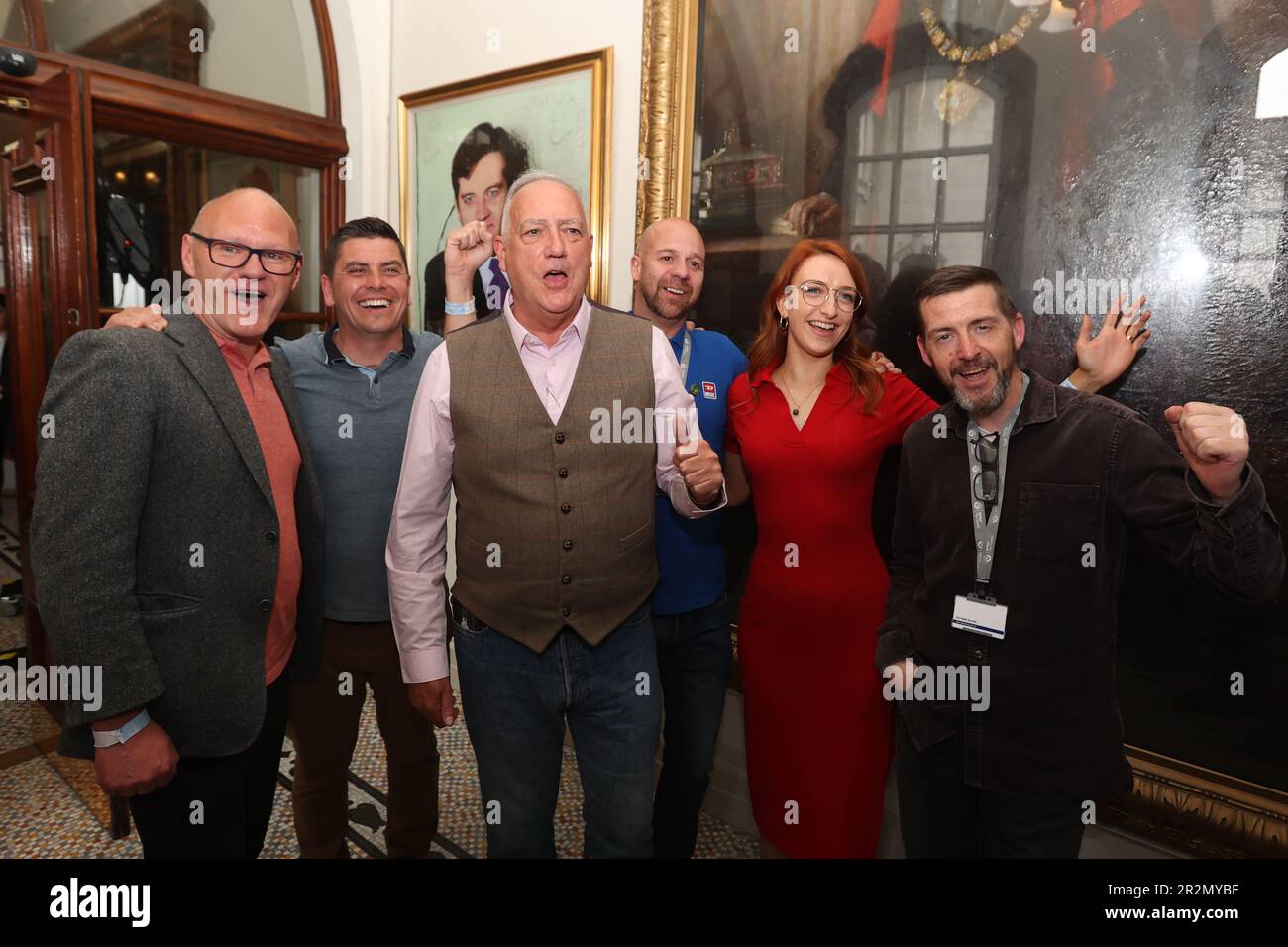 Sinn Fein's Seanna Walsh (centre) celebrates with colleagues (left to right) Paul Maskey MP, Caoimhin McCann, Joe Duffy, Cliodhna Nic Bhranair and Matt Garrett after winning a seat in the Northern Ireland council elections at Belfast City Hall. Picture date: Saturday May 20, 2023. Stock Photo