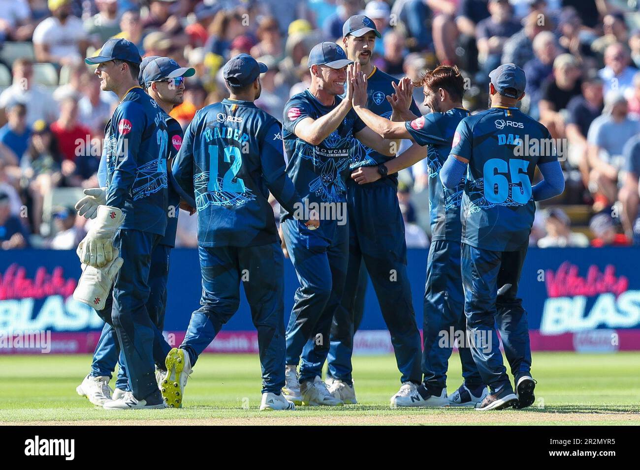 Birmingham, UK. 20th May, 2023. Derbyshire's Zaman Khan (second from