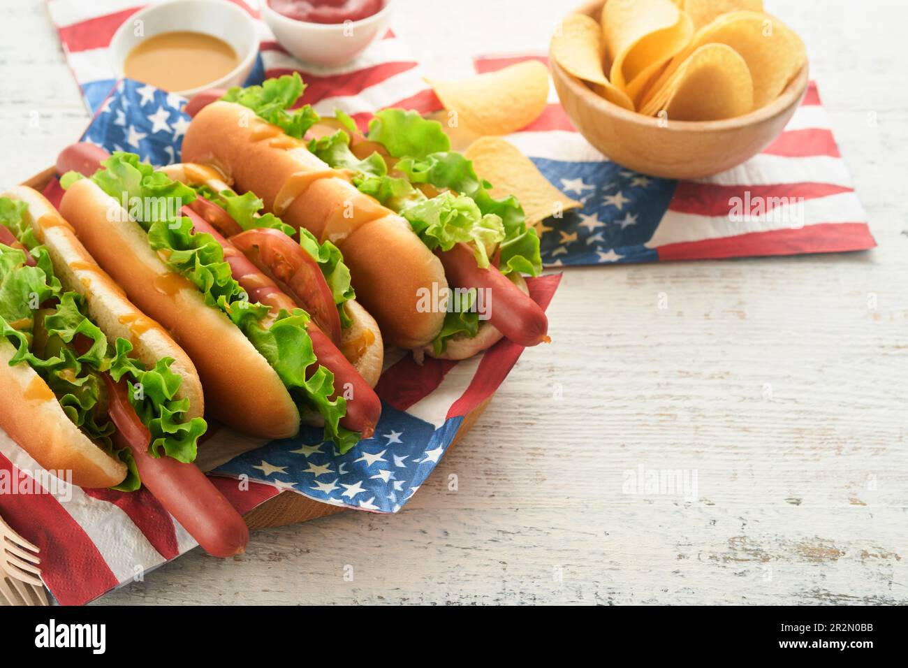 4th of July American Independence Day traditional picnic food. Hot dog