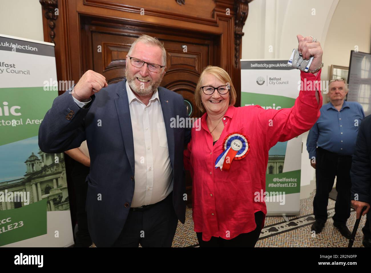 Ulster Unionist Party candidate Sonia Copeland celebrates winning a seat with party leader Doug Beattie during the Northern Ireland council elections at Belfast City Hall. Picture date: Saturday May 20, 2023. Stock Photo