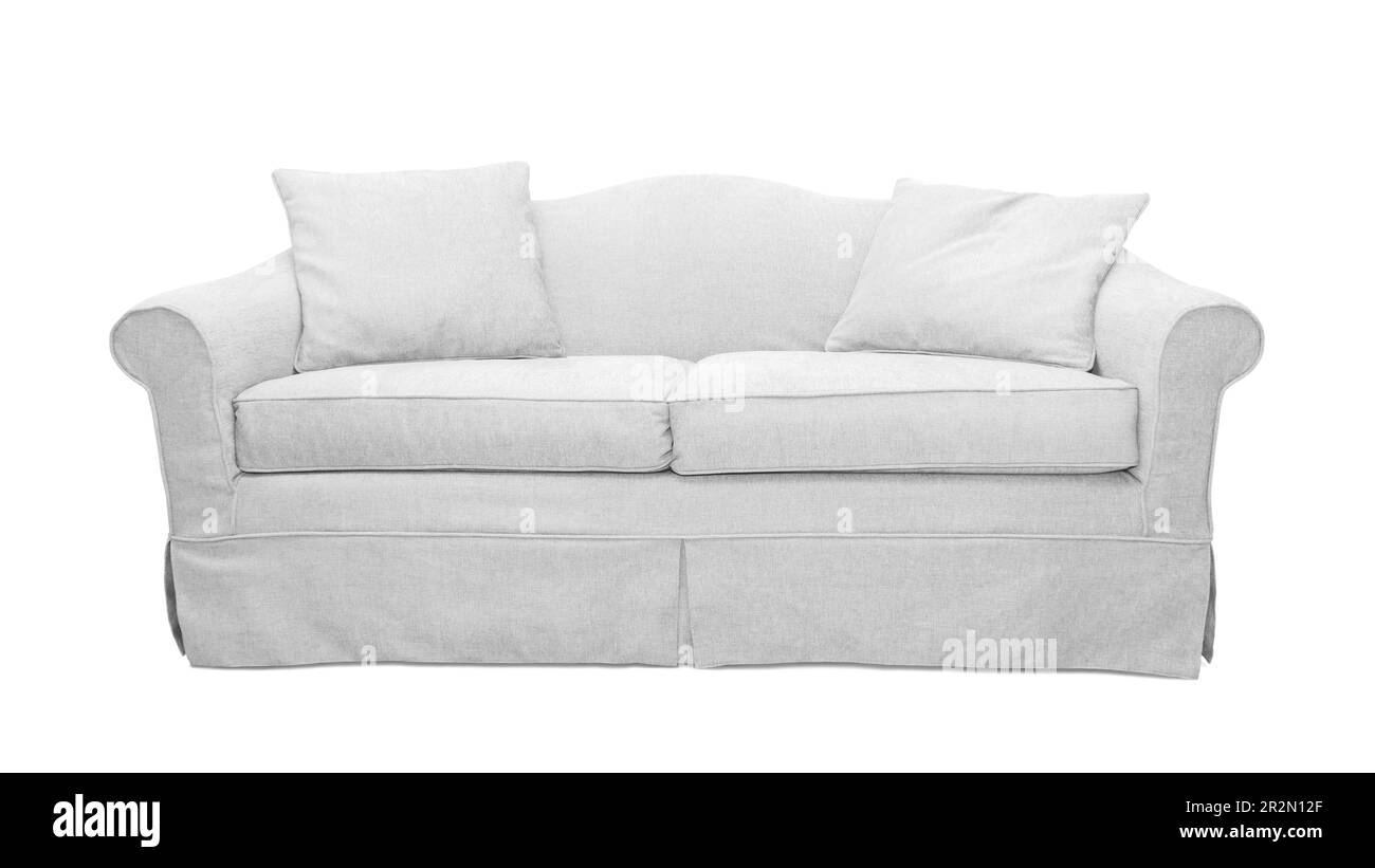 Gray sofa with two pillows isolated on white background. Classic
