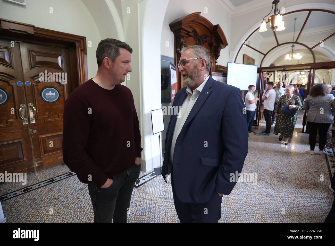 Sinn Fein's John Finucane (left) and Ulster Unionist Party (UUP) leader Doug Beattie speaking at the Northern Ireland council elections at Belfast City Hall. Picture date: Saturday May 20, 2023. Stock Photo