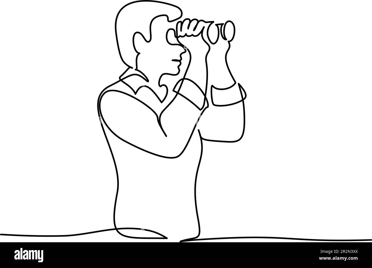 Man looking into distance with binoculars. Continuous one line drawing. Concept of searching for truth. Single line design vector graphic illustration Stock Vector