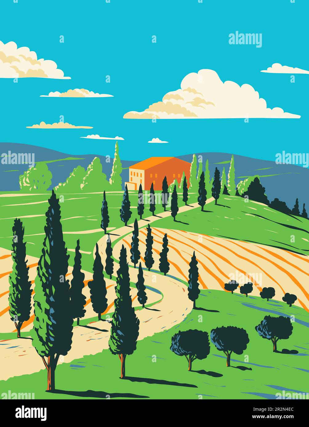 WPA poster art of a vineyard in Tuscan countryside with villa in Tuscany in  central Italy done in works project administration or Art Deco style Stock  Photo - Alamy, image size:1004x1390