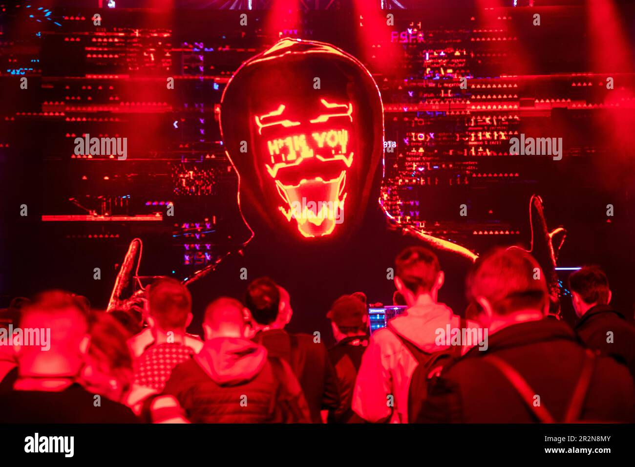 Moscow, Russia. 20th of May, 2023. Young people watch the cyber battle of professional hackers and defenders of urban information infrastructure of a fictional city in the Standoff pavilion of the Positive Hack Days cyber festival in Gorky Park in Moscow, Russia Stock Photo