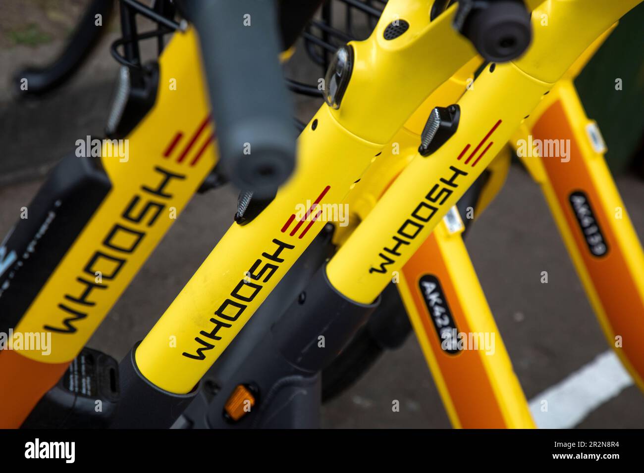 Moscow, Russia. 20th of May, 2023. Closeup view of electric scooters at a street point of the Whoosh scooter rental service in the center of Moscow, Russia Stock Photo