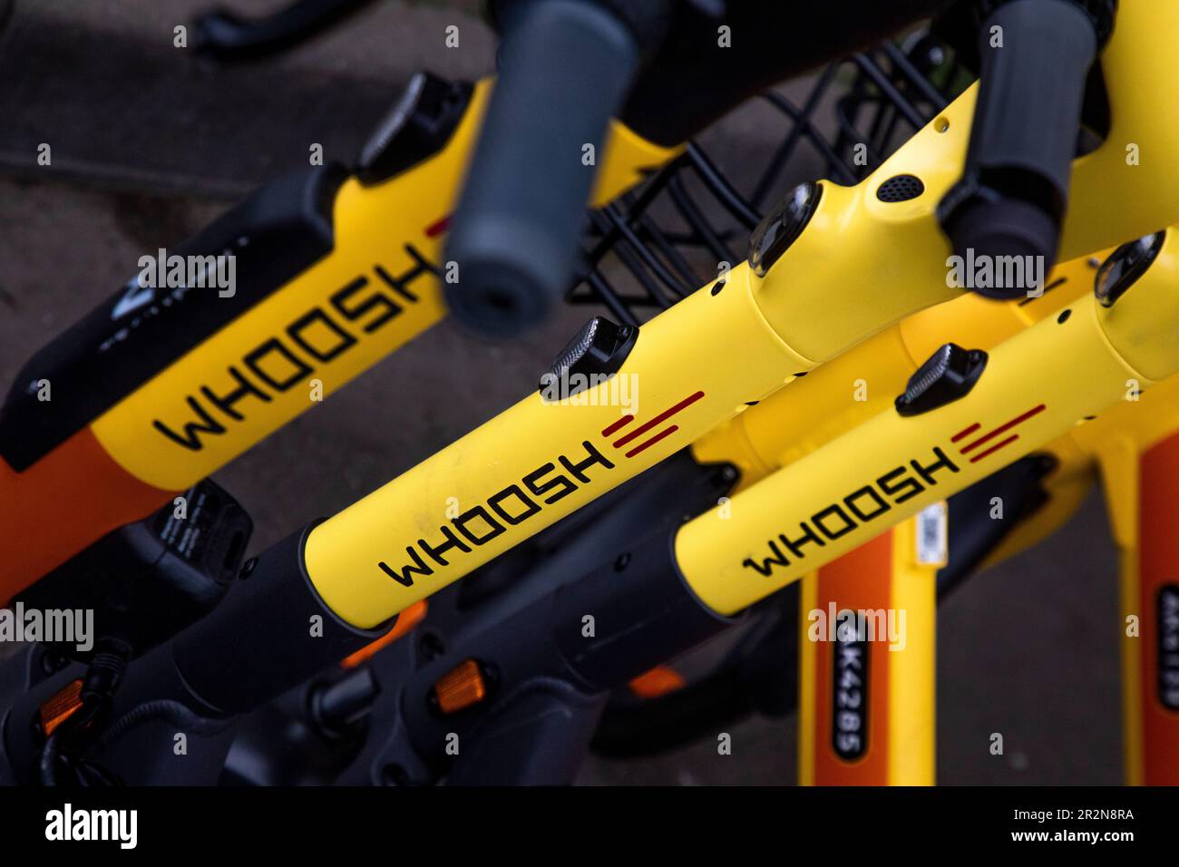 Moscow, Russia. 20th of May, 2023. Closeup view of electric scooters at a street point of the Whoosh scooter rental service in the center of Moscow, Russia Stock Photo