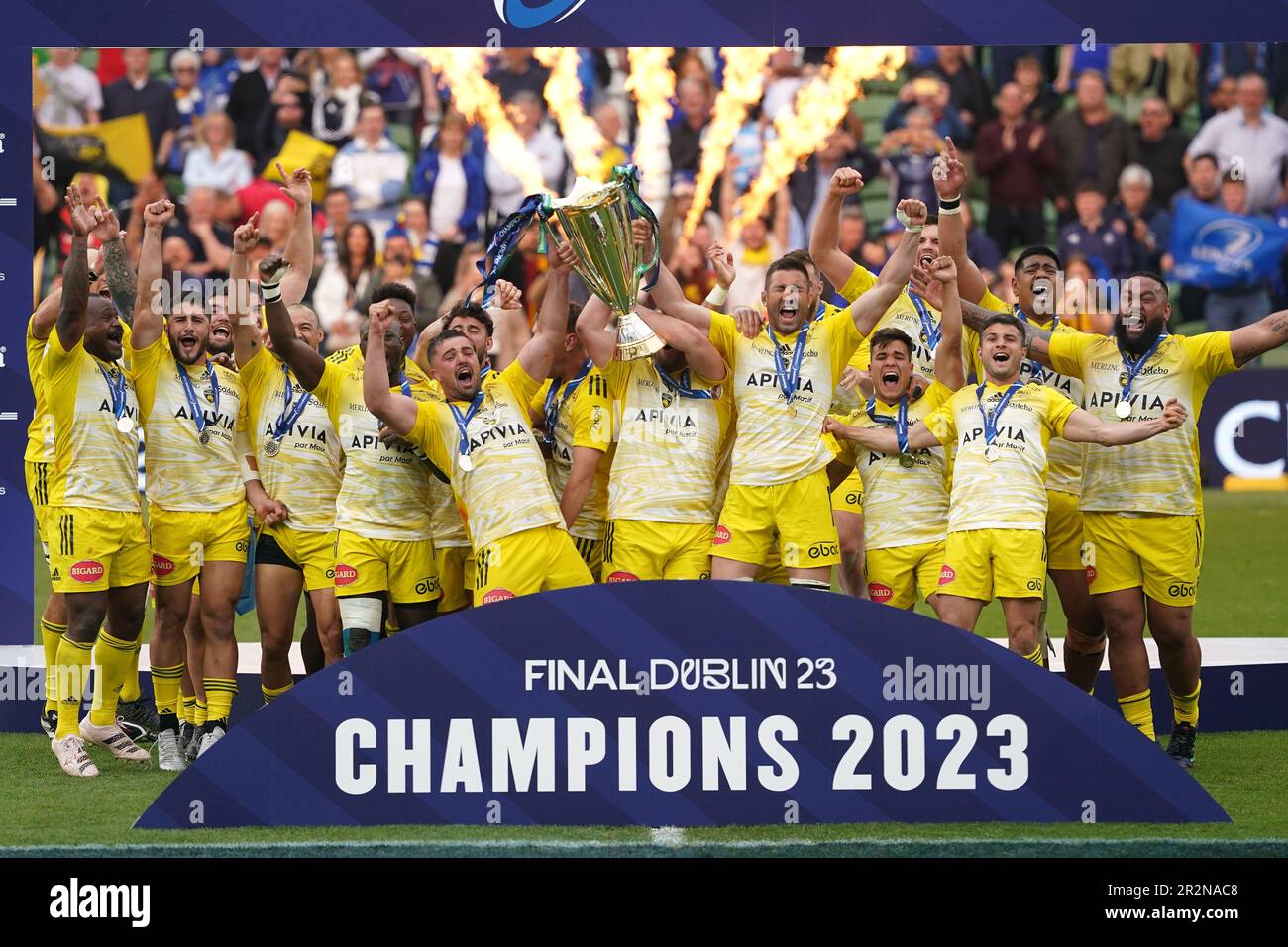 La Rochelle players celebrate with the trophy after the Heineken Champions Cup final match at