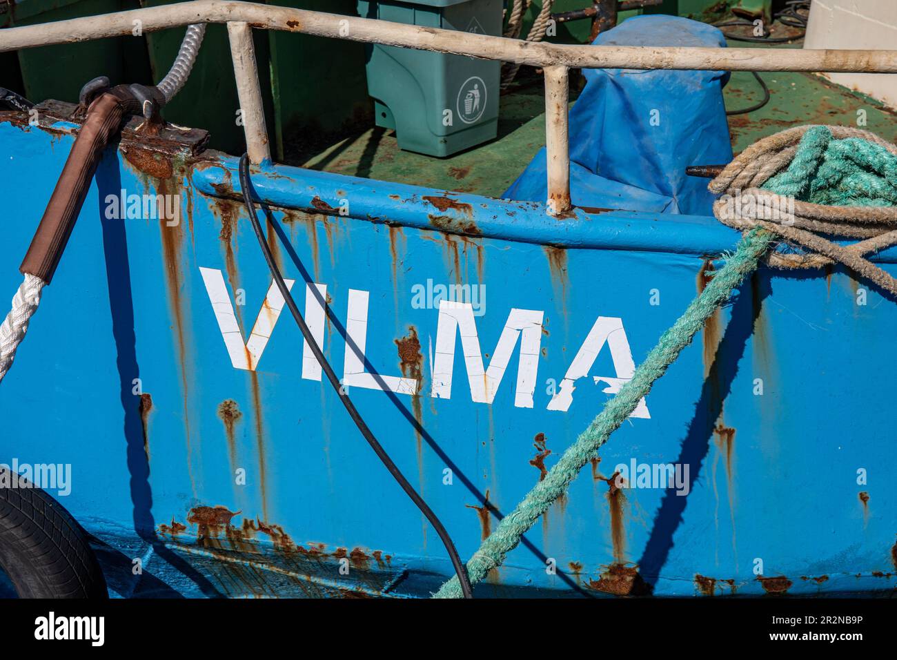 Vilma, the name of an old rusty fishing vessel in Tallinn, Estonia Stock Photo